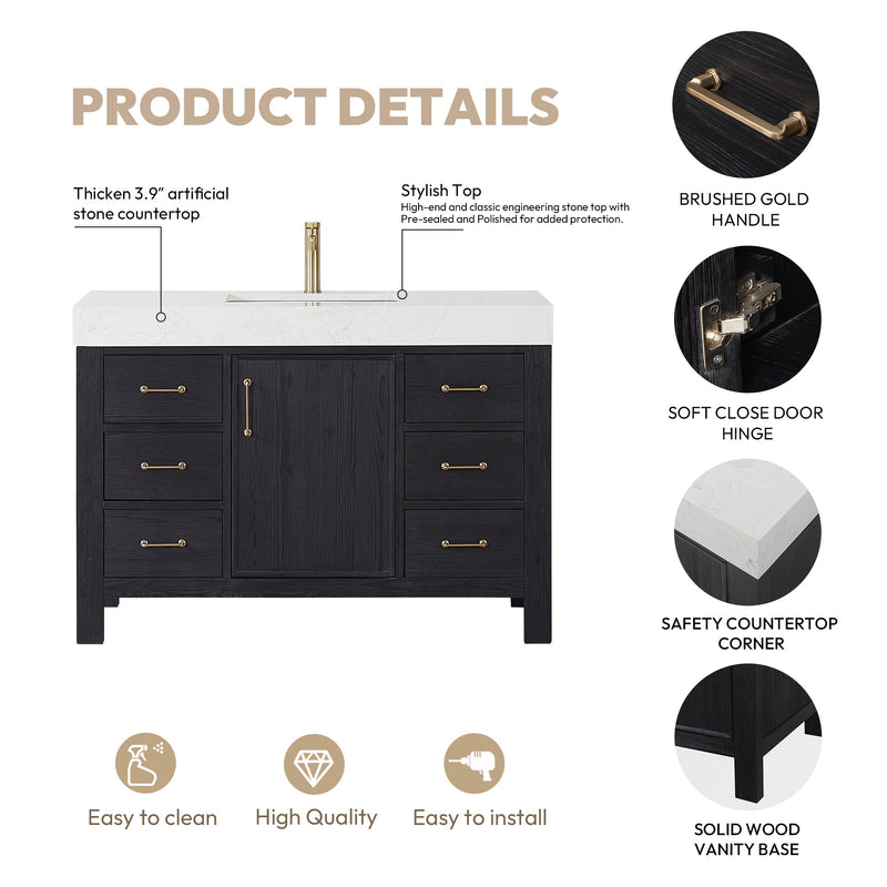 Vinnova 703848-FB-LW León 48" Free-standing Single Bathroom Vanity in Fir Wood Black