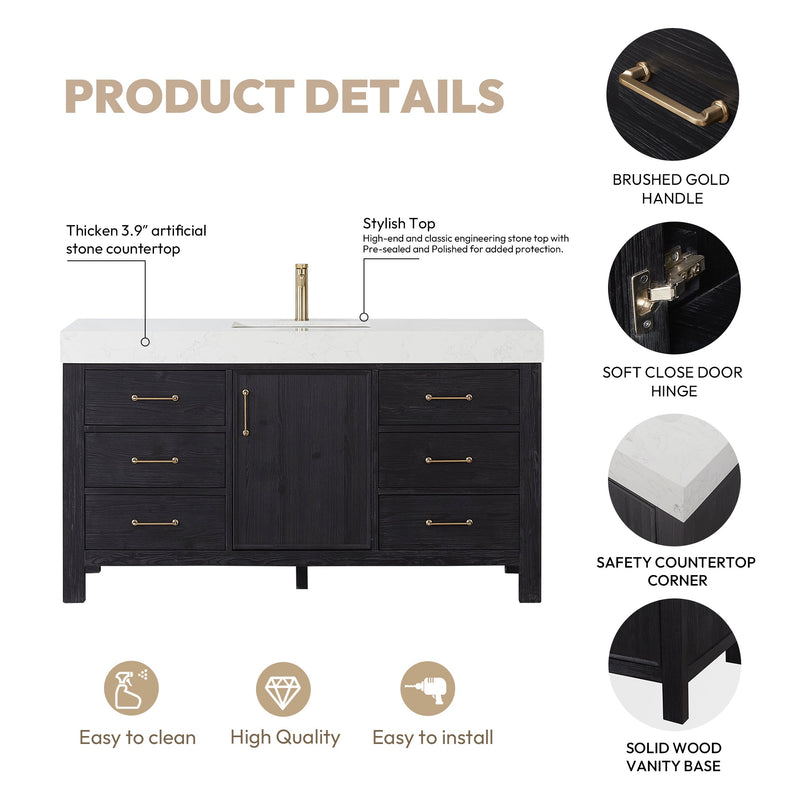 Vinnova 703860-FB-LW León 60" Free-standing Single Bathroom Vanity in Fir Wood Black