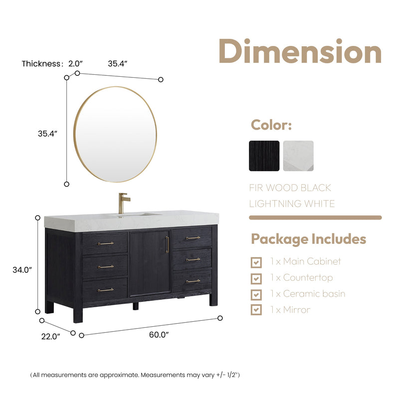 Vinnova 703860-FB-LW León 60" Free-standing Single Bathroom Vanity in Fir Wood Black