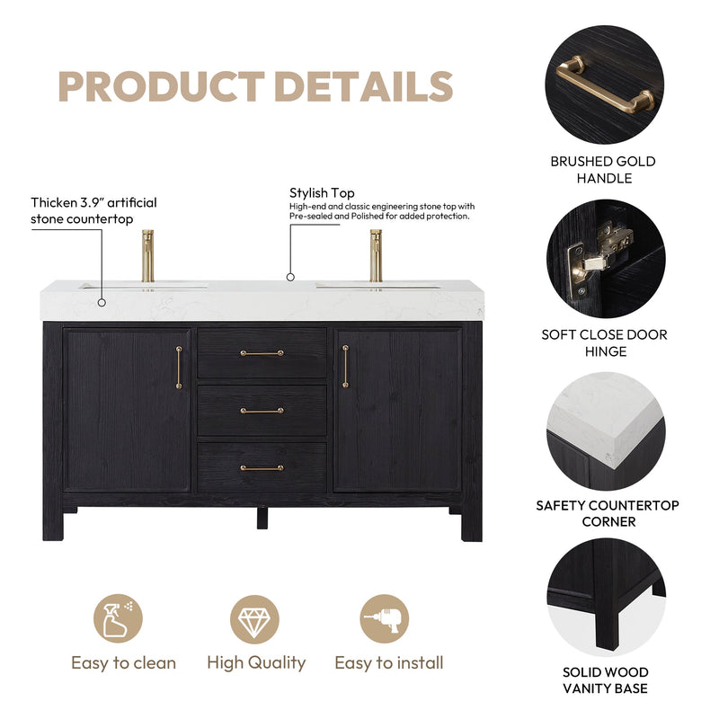 Vinnova 703860M-FB-LW León 60" Free-standing Double Bathroom Vanity in Fir Wood Black