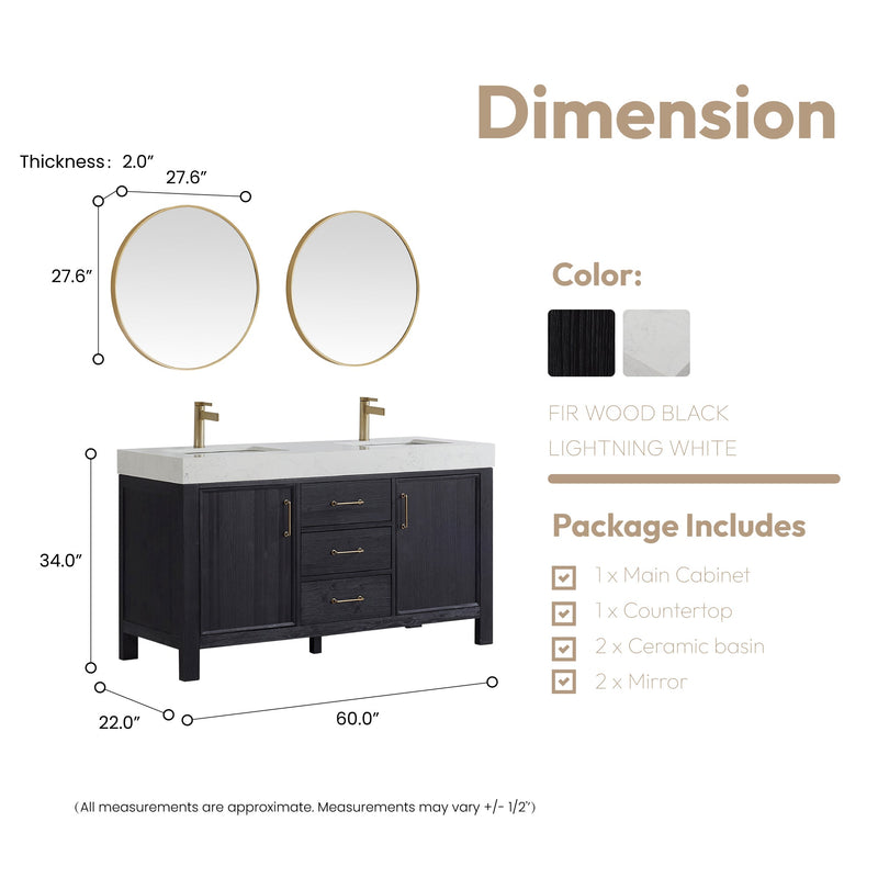 Vinnova 703860M-FB-LW León 60" Free-standing Double Bathroom Vanity in Fir Wood Black