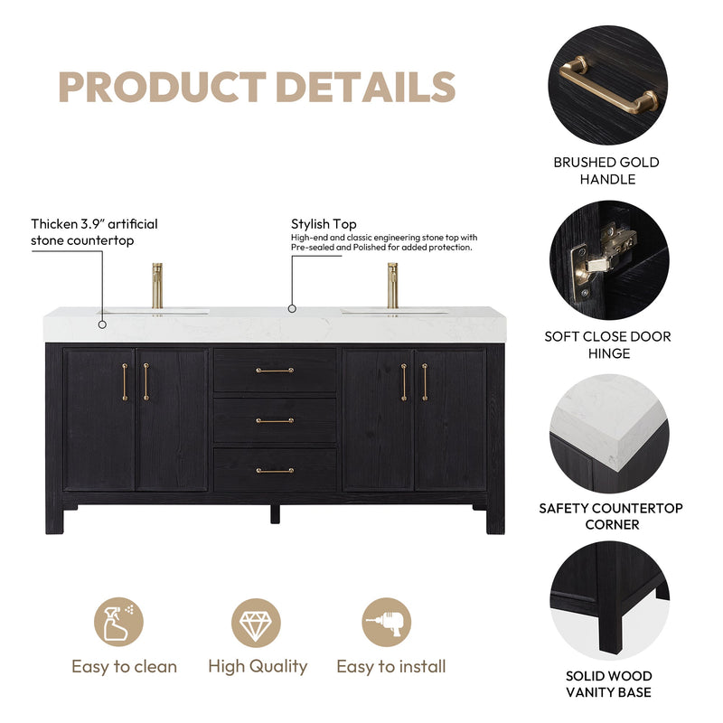Vinnova 703872-FB-LW León 72" Free-standing Double Bathroom Vanity in Fir Wood Black