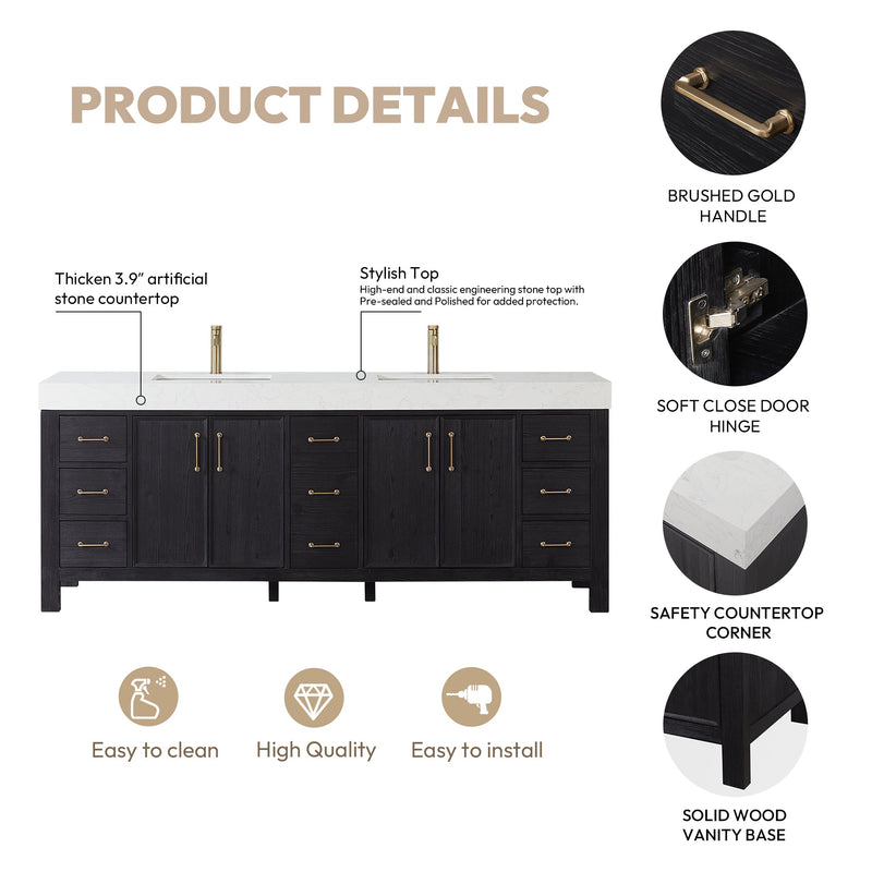 Vinnova 703884-FB-LW León 84" Free-standing Double Bathroom Vanity in Fir Wood Black