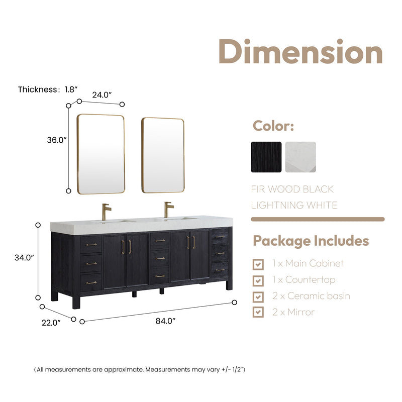Vinnova 703884-FB-LW León 84" Free-standing Double Bathroom Vanity in Fir Wood Black