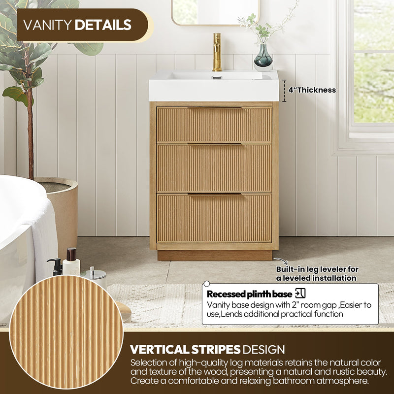 Vinnova 703924-WA-WH Hohhot 24" Free-standing Single Bath Vanity in Washed Ash Grey with White Integrated Stone Sink Top