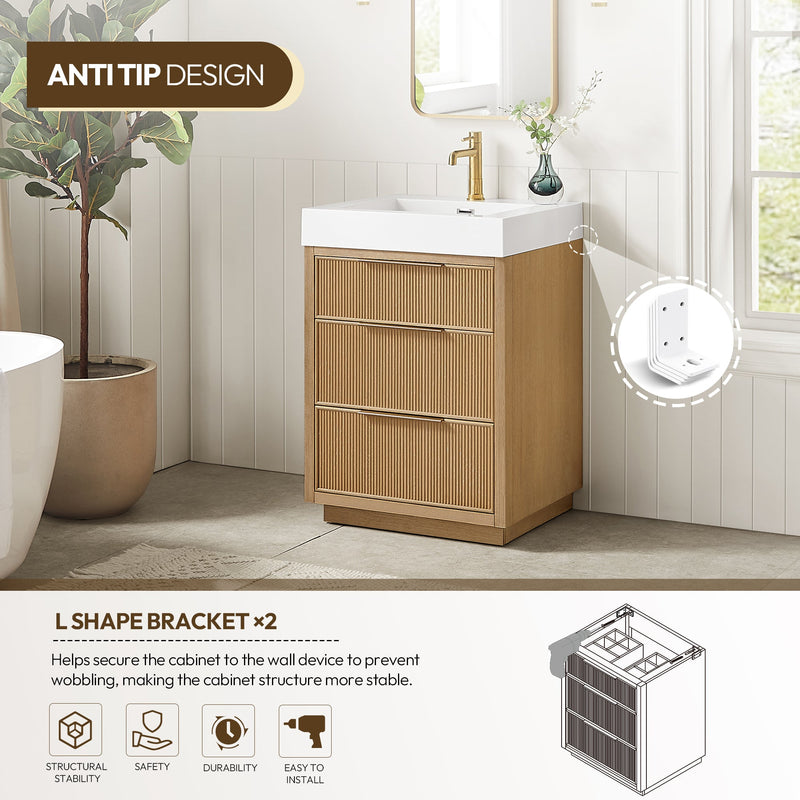 Vinnova 703924-WA-WH Hohhot 24" Free-standing Single Bath Vanity in Washed Ash Grey with White Integrated Stone Sink Top