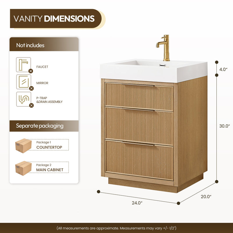 Vinnova 703924-WA-WH Hohhot 24" Free-standing Single Bath Vanity in Washed Ash Grey with White Integrated Stone Sink Top