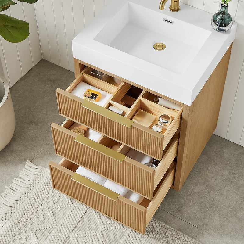Vinnova 703924-WA-WH Hohhot 24" Free-standing Single Bath Vanity in Washed Ash Grey with White Integrated Stone Sink Top