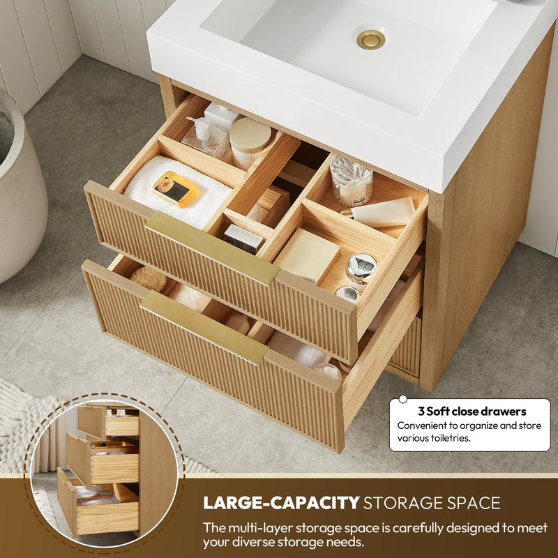 Vinnova 703924-WA-WH Hohhot 24" Free-standing Single Bath Vanity in Washed Ash Grey with White Integrated Stone Sink Top