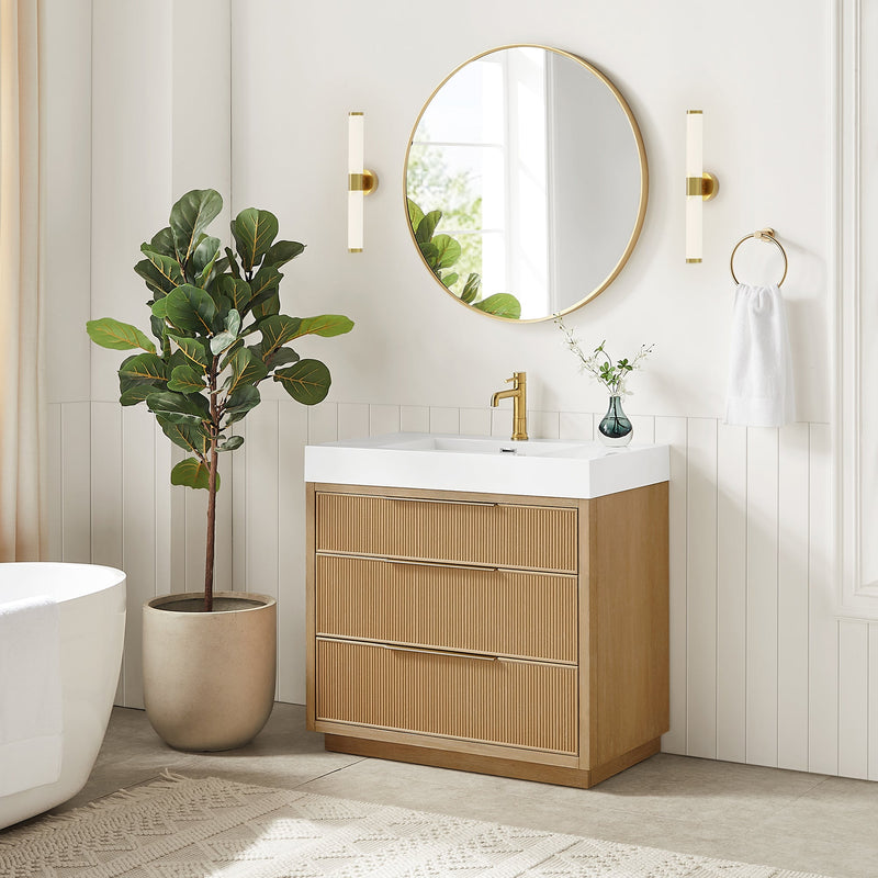 Vinnova 703936-WA-WH Hohhot 36" Free-standing Single Bath Vanity in Washed Ash Grey with White Integrated Stone Sink Top