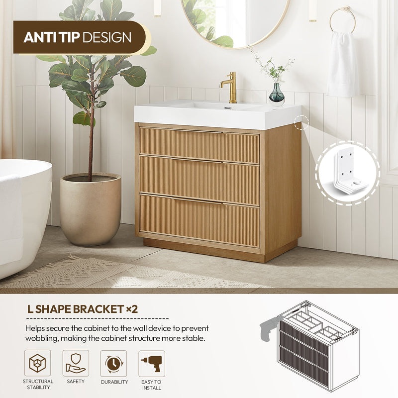 Vinnova 703936-WA-WH Hohhot 36" Free-standing Single Bath Vanity in Washed Ash Grey with White Integrated Stone Sink Top