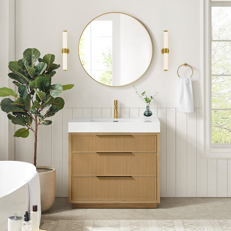 Vinnova 703936-WA-WH Hohhot 36" Free-standing Single Bath Vanity in Washed Ash Grey with White Integrated Stone Sink Top