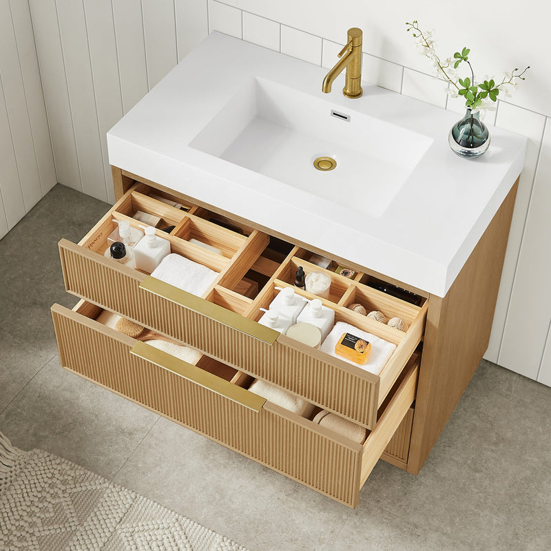 Vinnova 703936-WA-WH Hohhot 36" Free-standing Single Bath Vanity in Washed Ash Grey with White Integrated Stone Sink Top