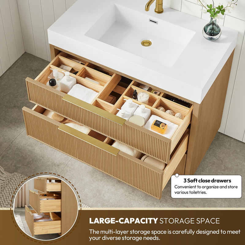 Vinnova 703936-WA-WH Hohhot 36" Free-standing Single Bath Vanity in Washed Ash Grey with White Integrated Stone Sink Top