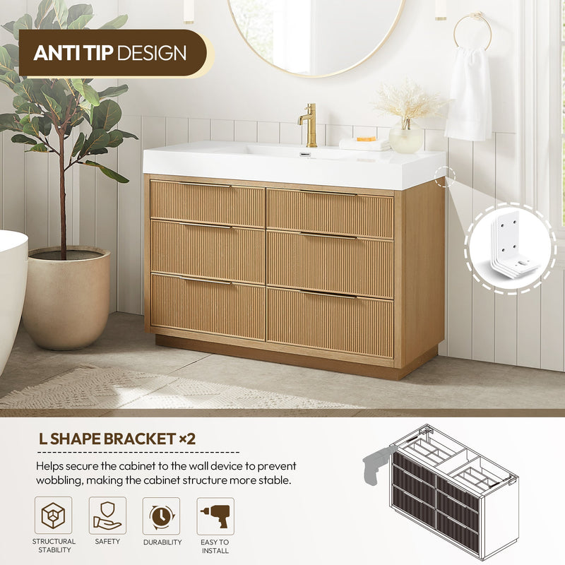 Vinnova 703948-WA-WH Hohhot 48" Free-standing Single Bath Vanity in Washed Ash Grey with White Integrated Stone Sink Top