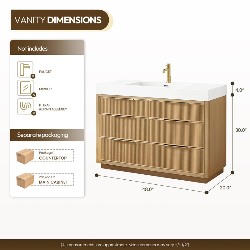 Vinnova 703948-WA-WH Hohhot 48" Free-standing Single Bath Vanity in Washed Ash Grey with White Integrated Stone Sink Top