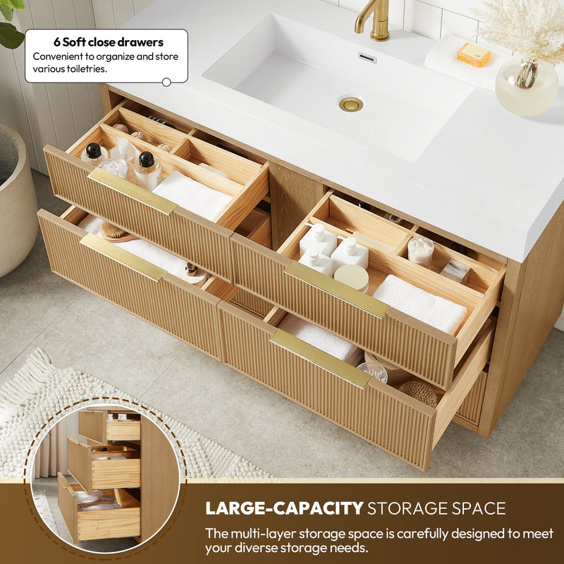 Vinnova 703948-WA-WH Hohhot 48" Free-standing Single Bath Vanity in Washed Ash Grey with White Integrated Stone Sink Top