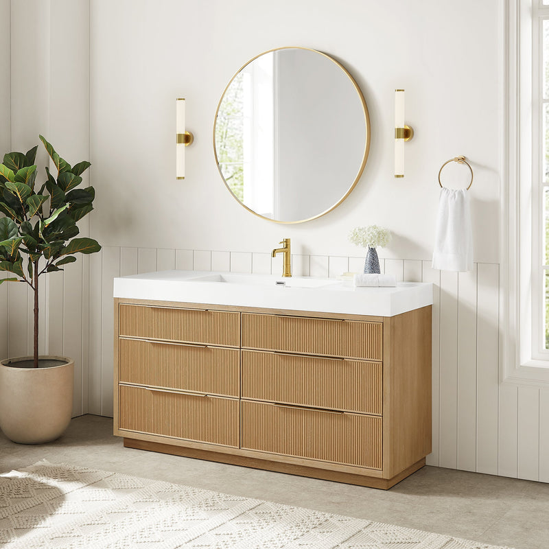Vinnova 703960-WA-WH Hohhot 60" Free-standing Single Bath Vanity in Washed Ash Grey with White Integrated Stone Sink Top