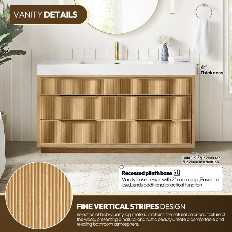 Vinnova 703960-WA-WH Hohhot 60" Free-standing Single Bath Vanity in Washed Ash Grey with White Integrated Stone Sink Top