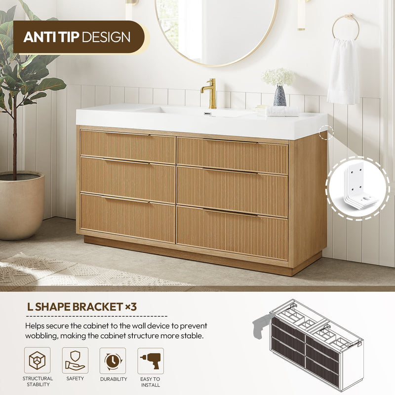 Vinnova 703960-WA-WH Hohhot 60" Free-standing Single Bath Vanity in Washed Ash Grey with White Integrated Stone Sink Top