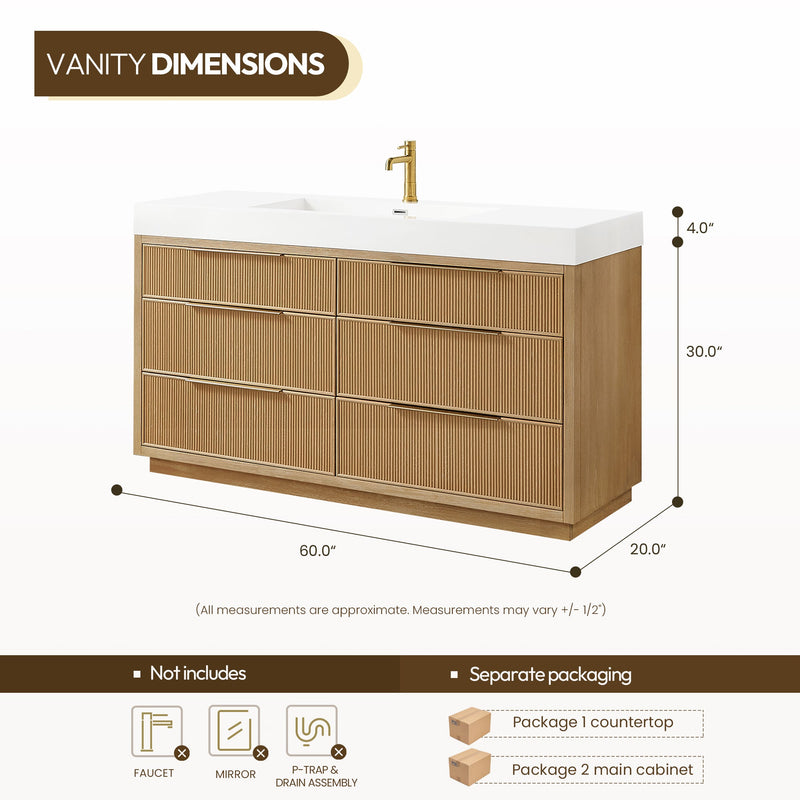 Vinnova 703960-WA-WH Hohhot 60" Free-standing Single Bath Vanity in Washed Ash Grey with White Integrated Stone Sink Top