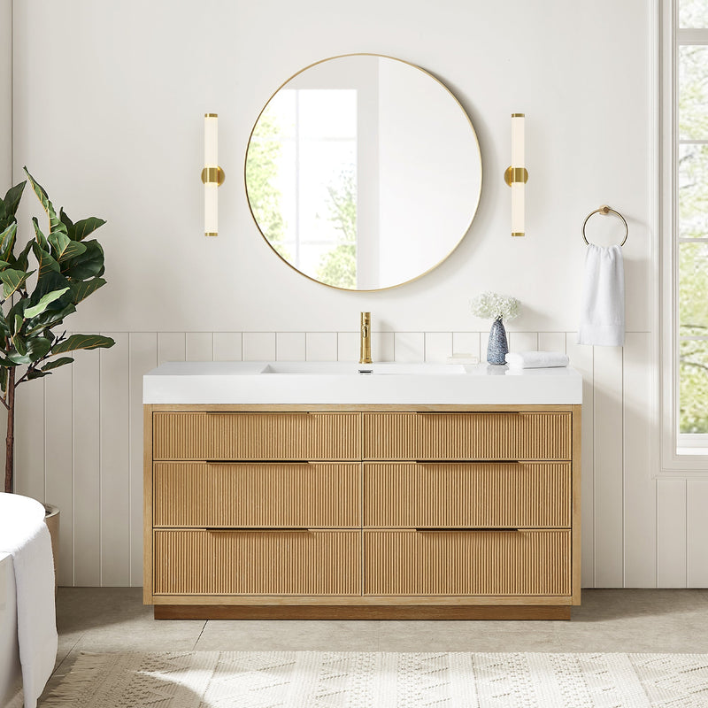 Vinnova 703960-WA-WH Hohhot 60" Free-standing Single Bath Vanity in Washed Ash Grey with White Integrated Stone Sink Top