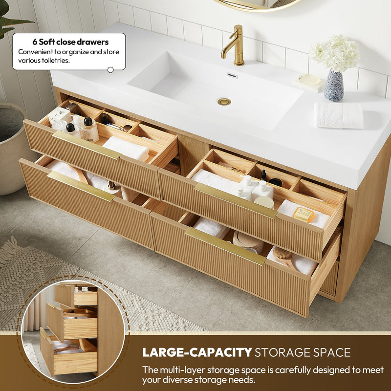 Vinnova 703960-WA-WH Hohhot 60" Free-standing Single Bath Vanity in Washed Ash Grey with White Integrated Stone Sink Top