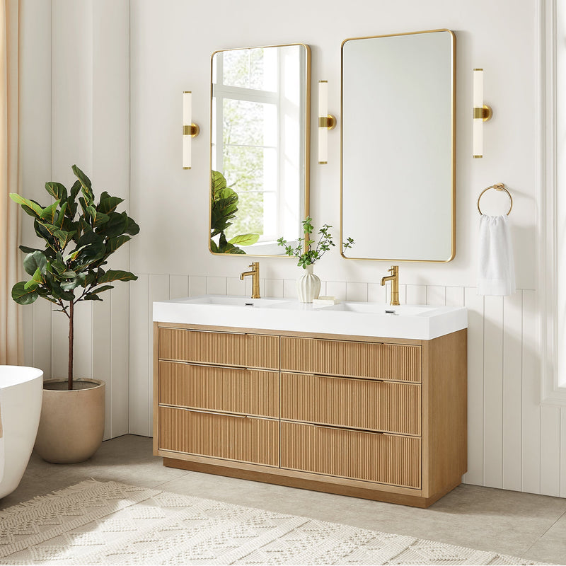 Vinnova 703960M-WA-WH Hohhot 60M" Free-standing Double Bath Vanity in Washed Ash Grey with White Integrated Stone Sink Top