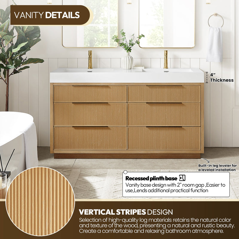 Vinnova 703960M-WA-WH Hohhot 60M" Free-standing Double Bath Vanity in Washed Ash Grey with White Integrated Stone Sink Top