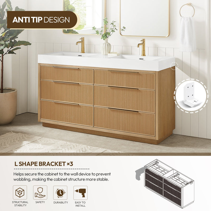 Vinnova 703960M-WA-WH Hohhot 60M" Free-standing Double Bath Vanity in Washed Ash Grey with White Integrated Stone Sink Top