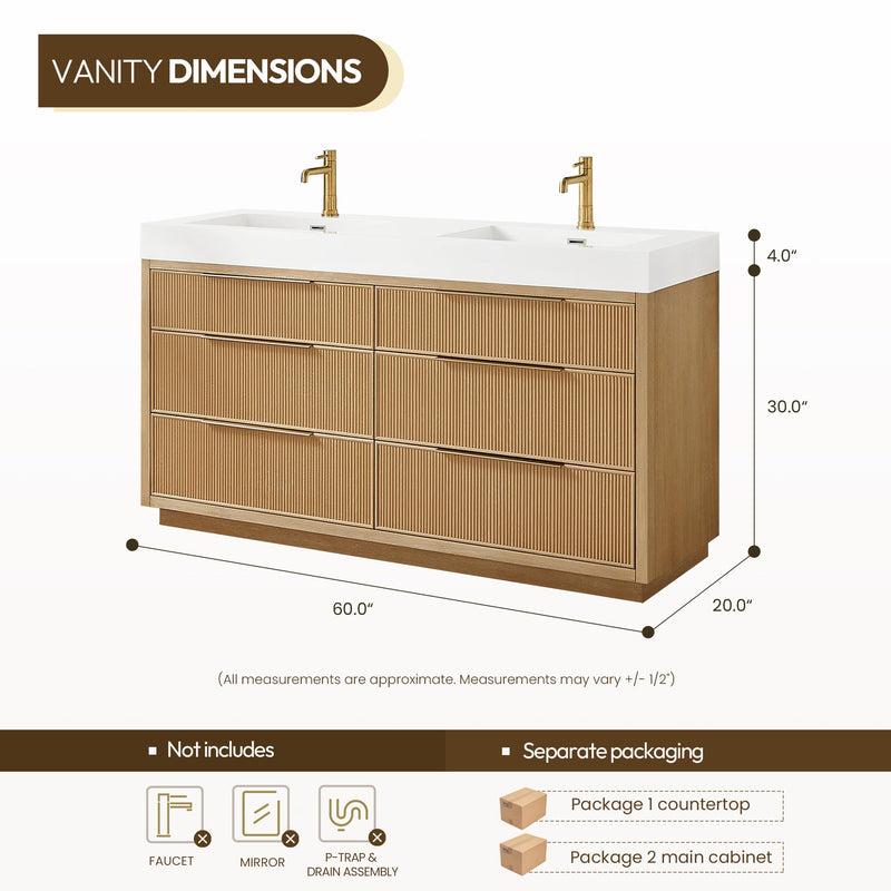 Vinnova 703960M-WA-WH Hohhot 60M" Free-standing Double Bath Vanity in Washed Ash Grey with White Integrated Stone Sink Top