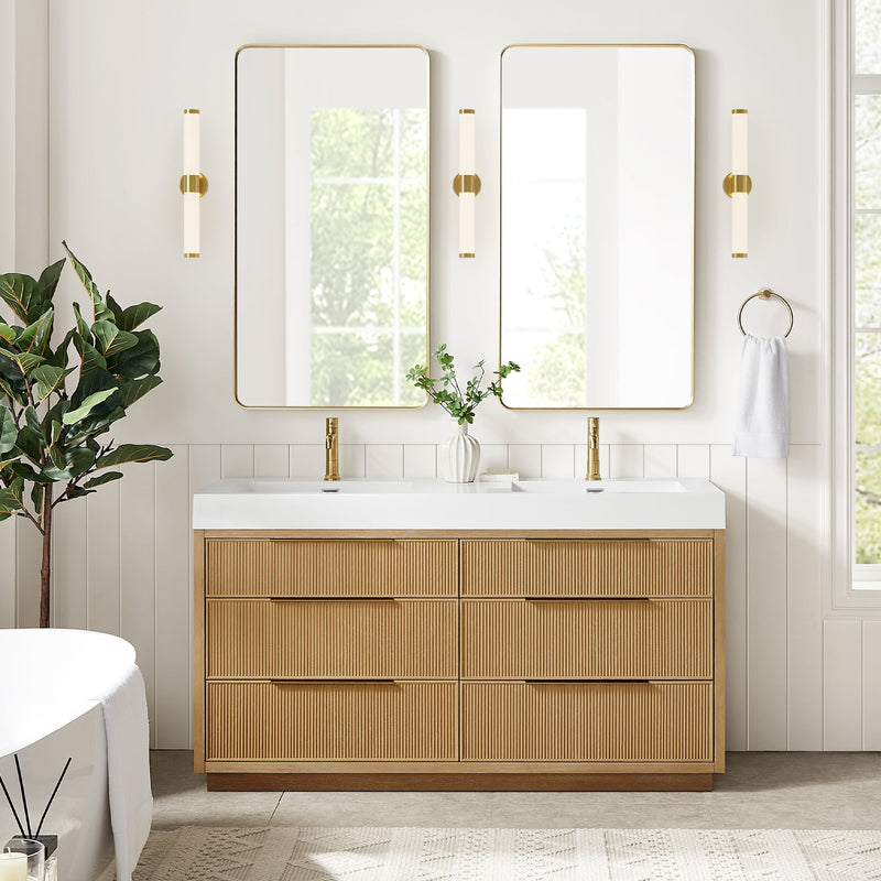 Vinnova 703960M-WA-WH Hohhot 60M" Free-standing Double Bath Vanity in Washed Ash Grey with White Integrated Stone Sink Top