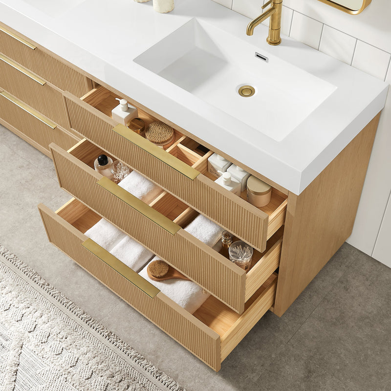 Vinnova 703960M-WA-WH Hohhot 60M" Free-standing Double Bath Vanity in Washed Ash Grey with White Integrated Stone Sink Top