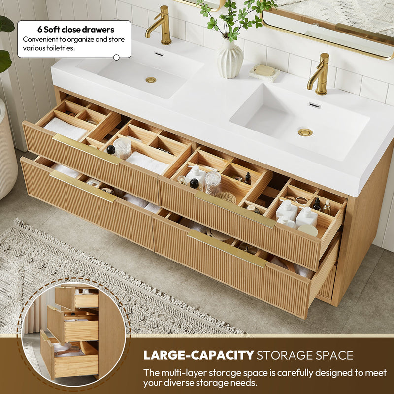 Vinnova 703960M-WA-WH Hohhot 60M" Free-standing Double Bath Vanity in Washed Ash Grey with White Integrated Stone Sink Top