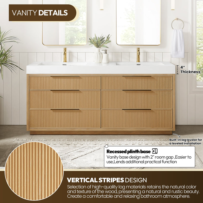 Vinnova 703972-WA-WH Hohhot 72" Free-standing Double Bath Vanity in Washed Ash Grey with White Integrated Stone Sink Top