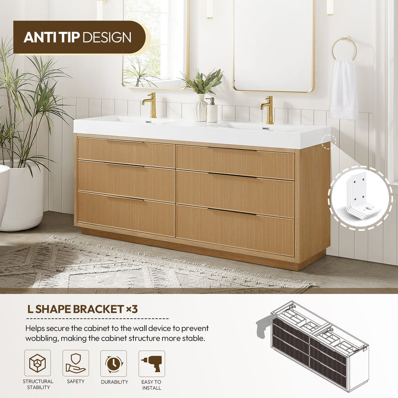 Vinnova 703972-WA-WH Hohhot 72" Free-standing Double Bath Vanity in Washed Ash Grey with White Integrated Stone Sink Top
