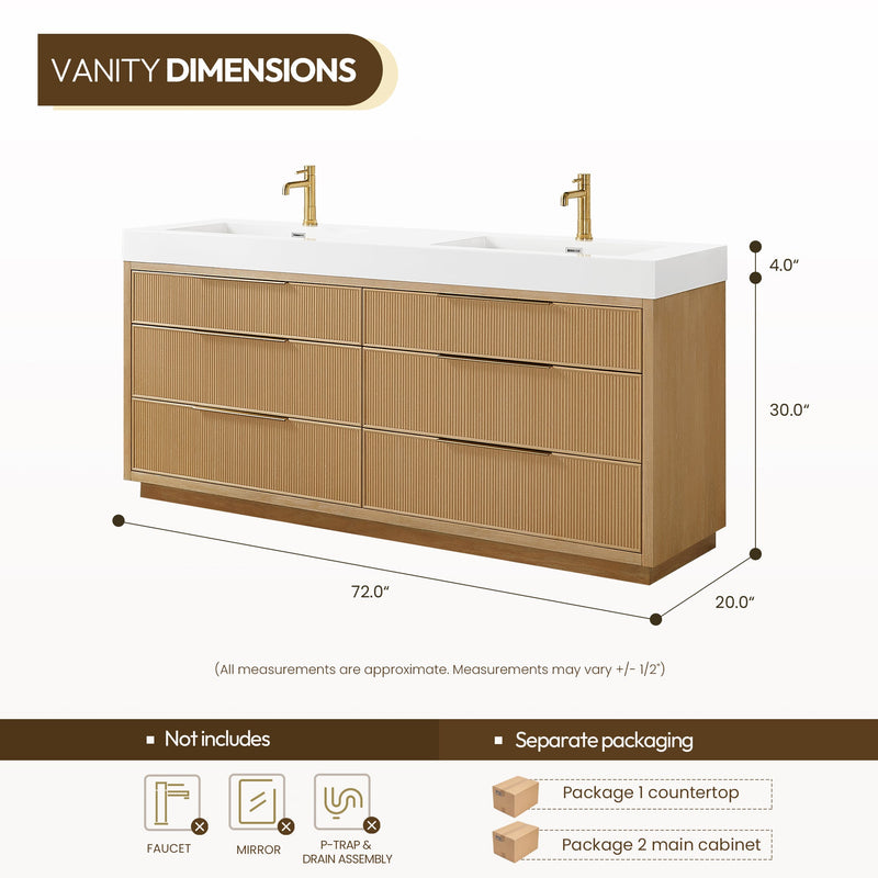 Vinnova 703972-WA-WH Hohhot 72" Free-standing Double Bath Vanity in Washed Ash Grey with White Integrated Stone Sink Top