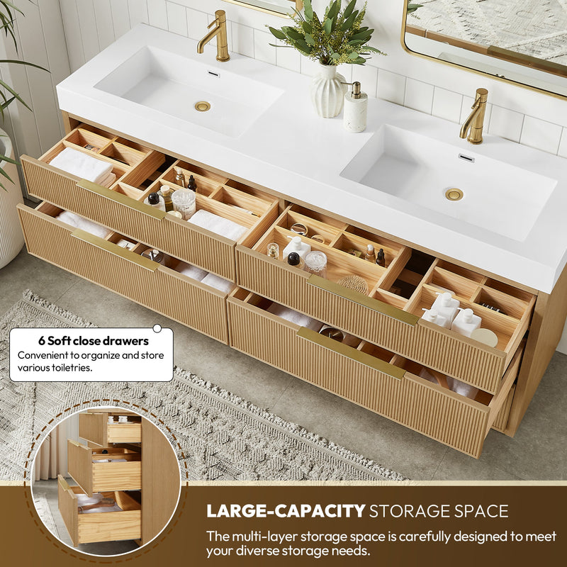 Vinnova 703972-WA-WH Hohhot 72" Free-standing Double Bath Vanity in Washed Ash Grey with White Integrated Stone Sink Top