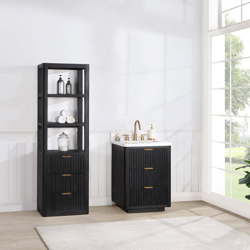Vinnova 704124-FB-LW Cádiz 24in. Free-standing Single Bathroom Vanity in Fir Wood Black with Composite top in Lightning White