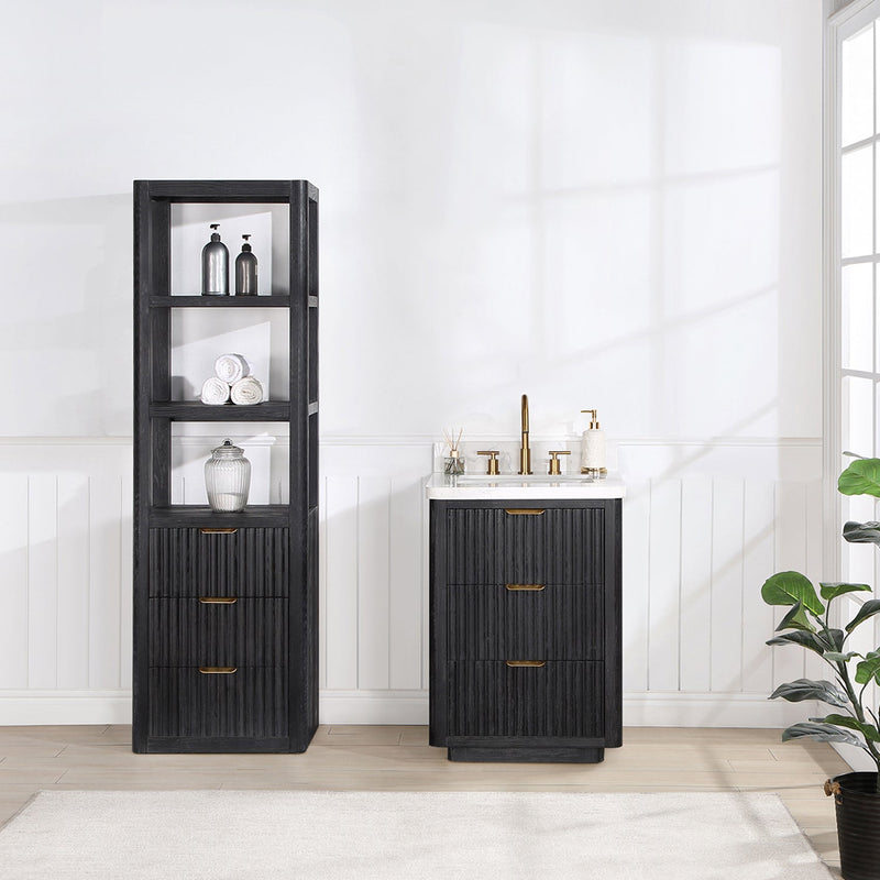 Vinnova 704124-FB-LW Cádiz 24in. Free-standing Single Bathroom Vanity in Fir Wood Black with Composite top in Lightning White