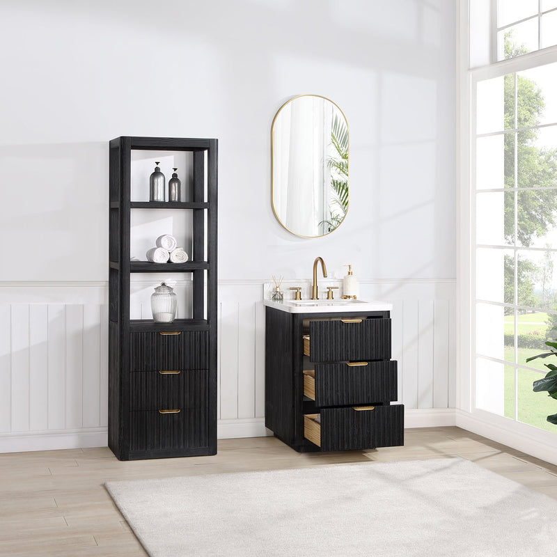Vinnova 704124-FB-LW Cádiz 24in. Free-standing Single Bathroom Vanity in Fir Wood Black with Composite top in Lightning White