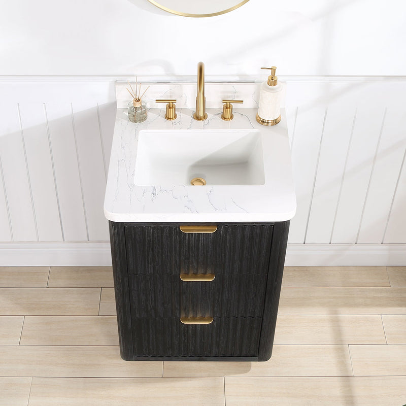 Vinnova 704124-FB-LW Cádiz 24in. Free-standing Single Bathroom Vanity in Fir Wood Black with Composite top in Lightning White