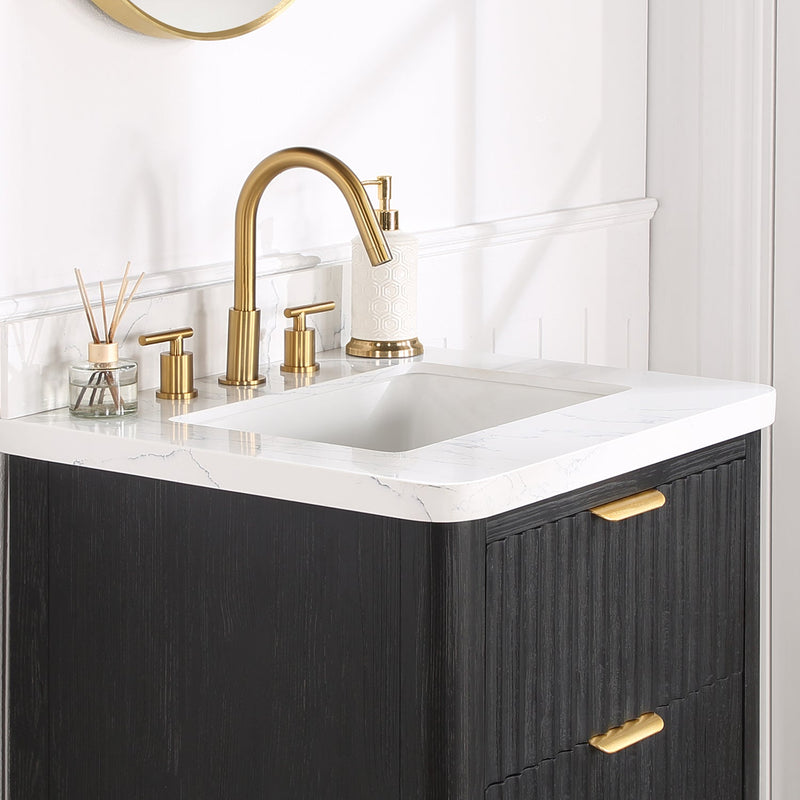 Vinnova 704124-FB-LW Cádiz 24in. Free-standing Single Bathroom Vanity in Fir Wood Black with Composite top in Lightning White