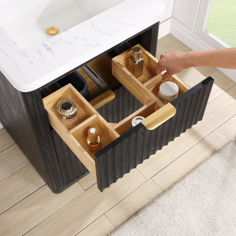 Vinnova 704124-FB-LW Cádiz 24in. Free-standing Single Bathroom Vanity in Fir Wood Black with Composite top in Lightning White