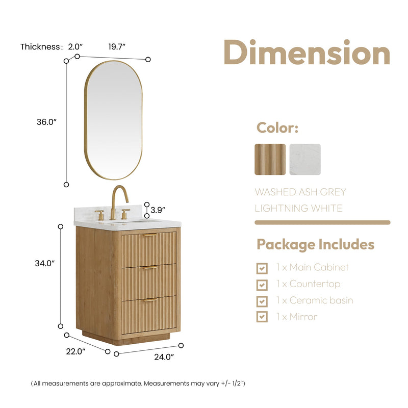 Vinnova 704124-WA-LW Cadiz 24in. Free-standing Single Bathroom Vanity in Washed Ash Grey with Composite top in Lightning White - view 15
