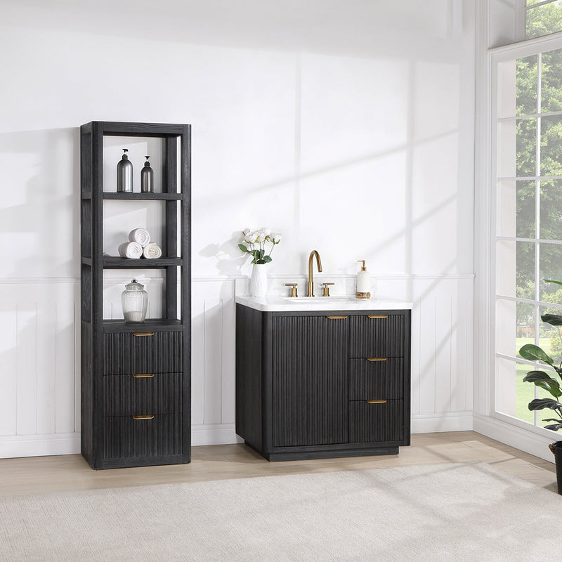 Vinnova 704136-FB-LW Cádiz 36in. Free-standing Single Bathroom Vanity in Fir Wood Black with Composite top in Lightning White