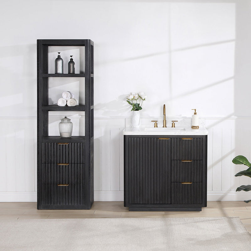 Vinnova 704136-FB-LW Cádiz 36in. Free-standing Single Bathroom Vanity in Fir Wood Black with Composite top in Lightning White