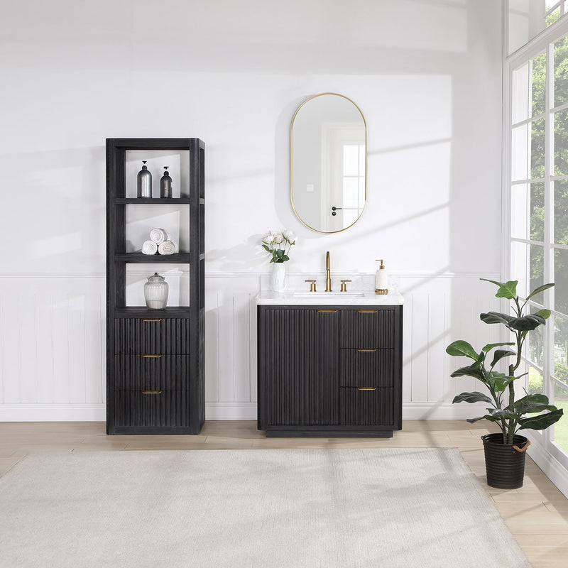Vinnova 704136-FB-LW Cádiz 36in. Free-standing Single Bathroom Vanity in Fir Wood Black with Composite top in Lightning White
