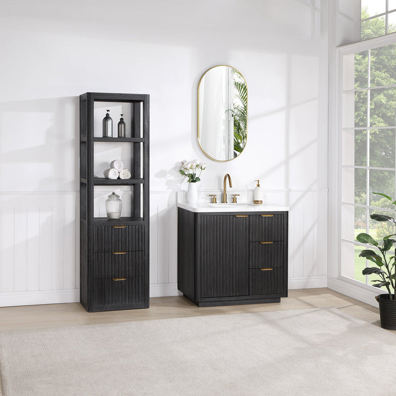 Vinnova 704136-FB-LW Cádiz 36in. Free-standing Single Bathroom Vanity in Fir Wood Black with Composite top in Lightning White