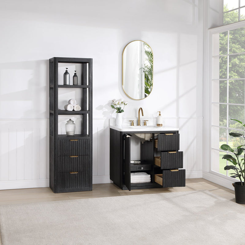 Vinnova 704136-FB-LW Cádiz 36in. Free-standing Single Bathroom Vanity in Fir Wood Black with Composite top in Lightning White